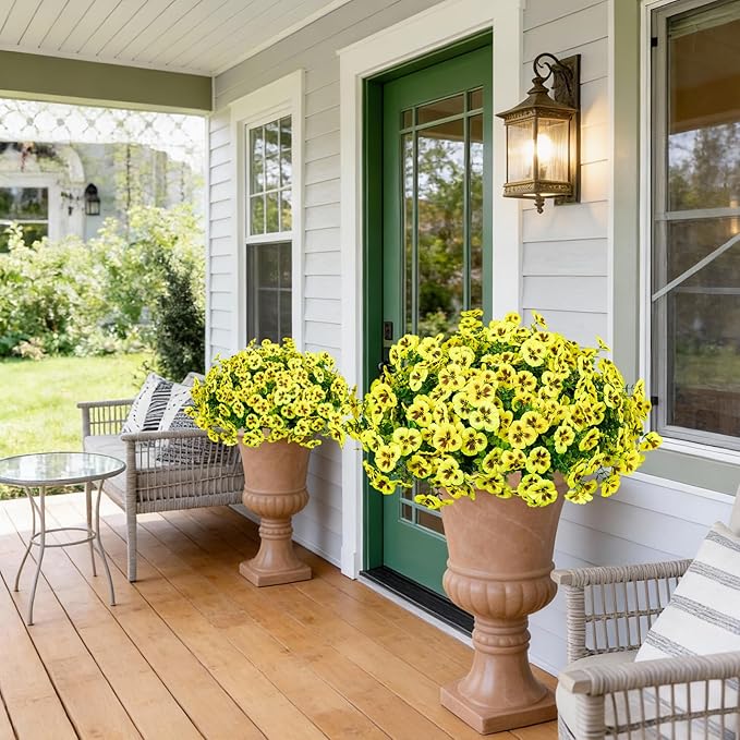 24 Pcs Artificial Fake Pansy Flowers for Outdoor,Faux Silk Plants Flowers UV Resistant Pansies Spring Flowers for Planter Front Door Porch Yard Patio Garden Window Box Home Decor(Yellow)