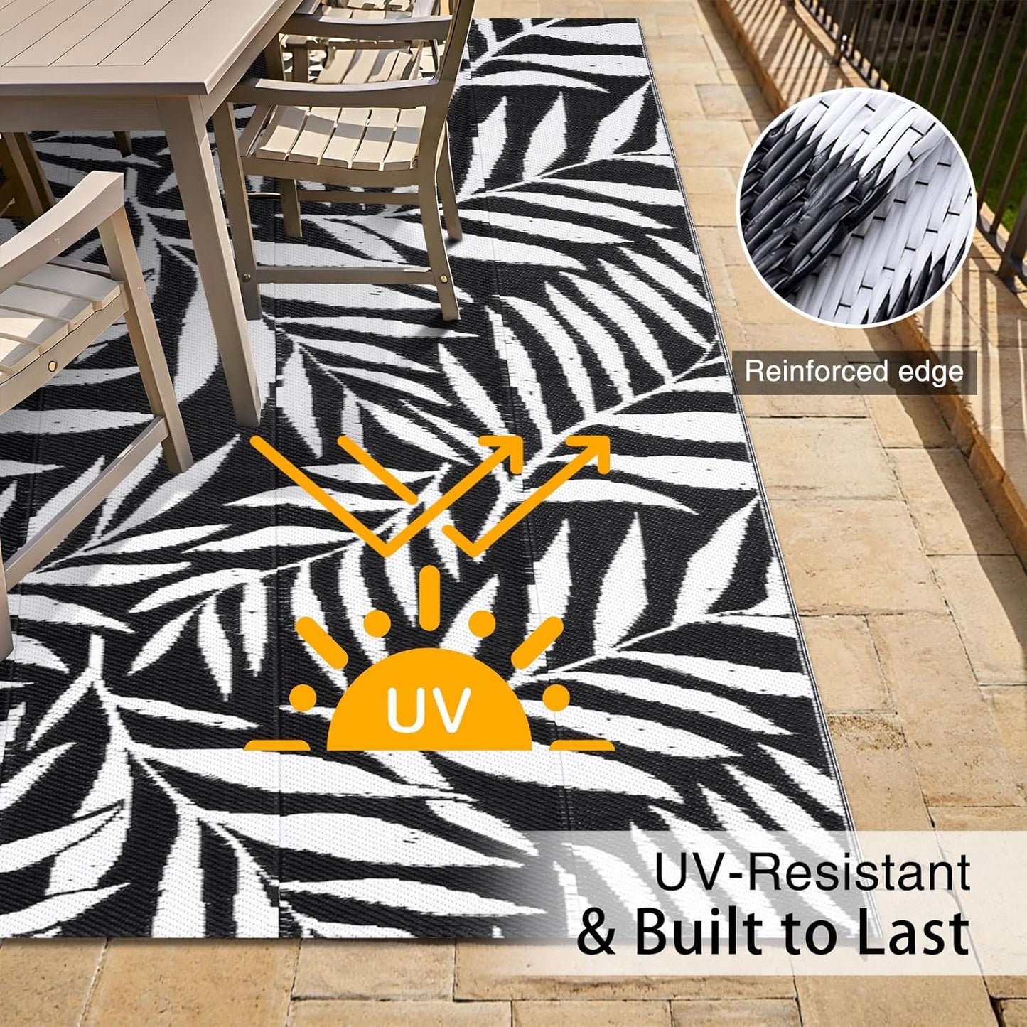 OLANLY Waterproof Outdoor Rug 5x8 ft, Reversible Outdoor Plastic Straw Rug with Leaf Pattern, RV Mat, Indoor Outdoor Carpet for Patio, Camping, Balcony, Deck, Backyard, Black & White