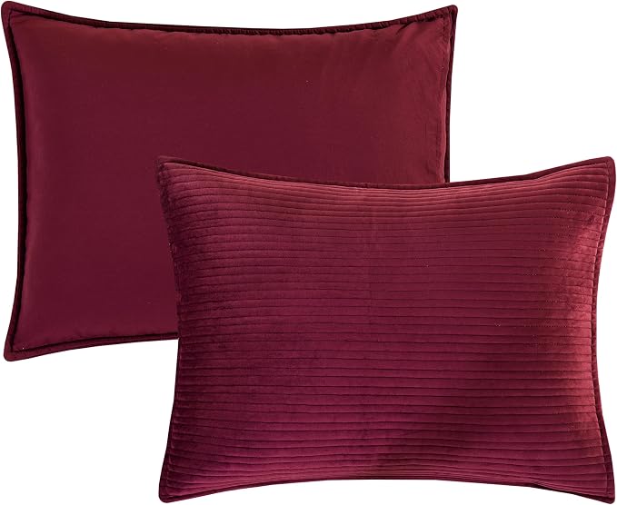Elegant Comfort Luxury 3-Piece Velvet Corduroy Stripe Quilt Set, Ultra Soft Bedspread - Cozy Velvet Coverlet Set - 3PC Medium Weight Quilted Set with Matching Pillow Shams, Twin, Burgundy