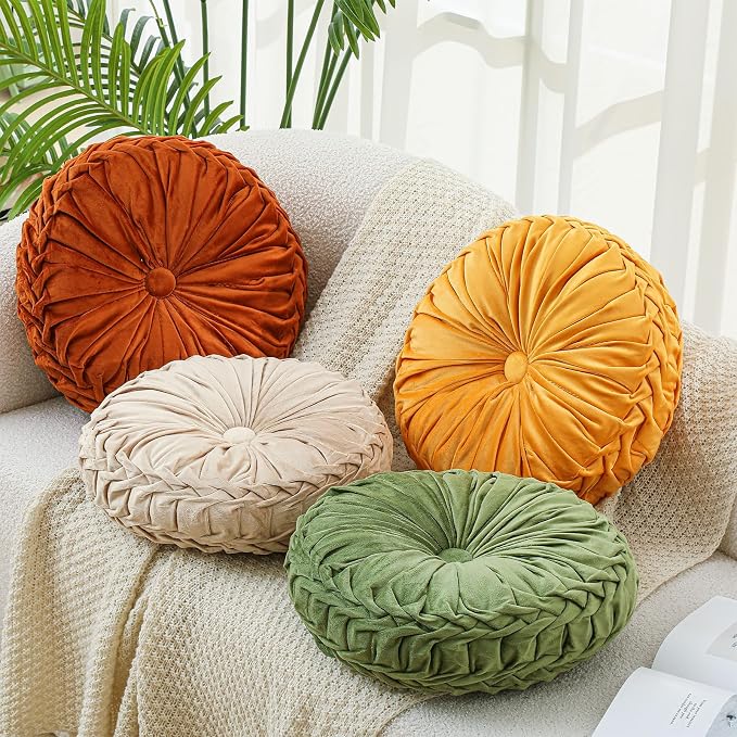 Drydiet 4 Pcs Round Throw Velvet Pillows Decorative Pleated Throw Pillows Diameter Accent Pumpkin Boho Chair Cushion for Couch Sofa Home Decoration (Fall Color,15'')
