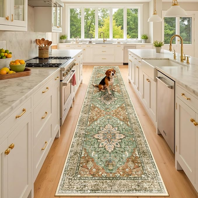 RELEANY Area Rugs 3'x10' Runner Rug Non Slip Washable for Kitchen Hallway Bedroom Beside Laundry Room Bathroom Rug, Floor Carpet, Brick Red Rust Neutral Brown Burnt Orange Green