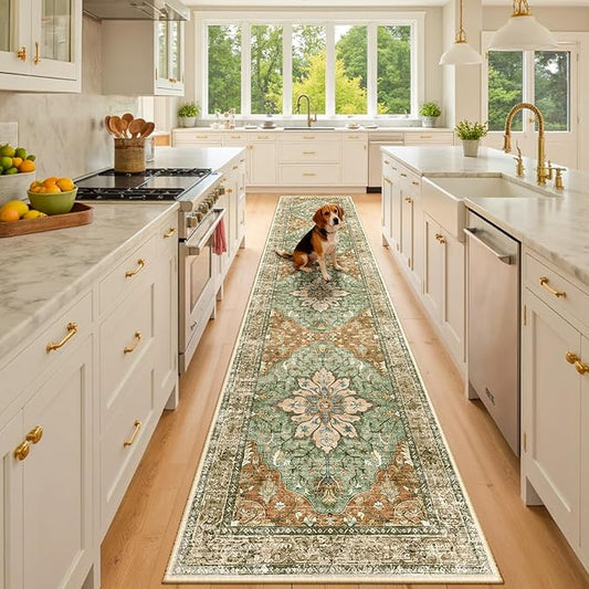RELEANY Area Rugs 3'x10' Runner Rug Non Slip Washable for Kitchen Hallway Bedroom Beside Laundry Room Bathroom Rug, Floor Carpet, Brick Red Rust Neutral Brown Burnt Orange Green