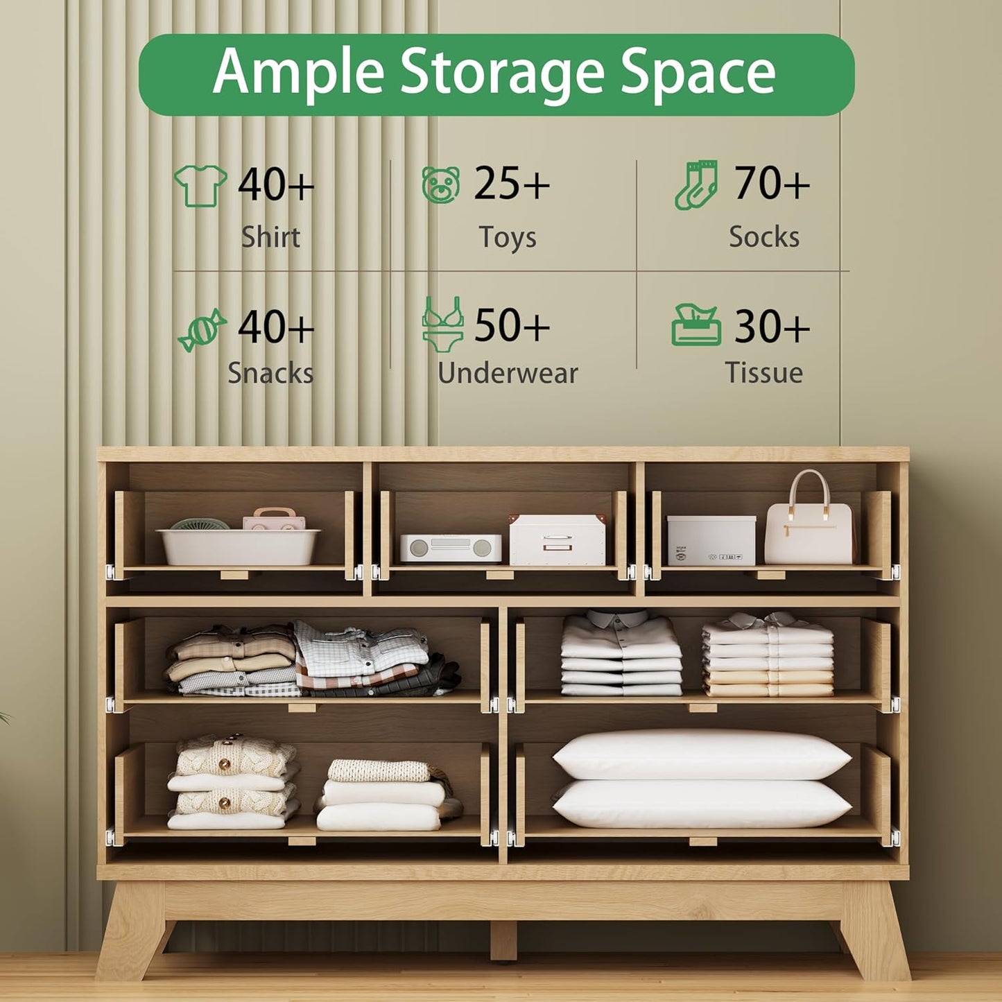 Fluted Dresser for Bedroom with 7 Drawers, 48" Wide Modern Chest of Drawers with Metal Handle, Wood Dresser TV Stand, Wooden Closet Clothes Storage Organizer for Living Room, Hallway, Natural Oak