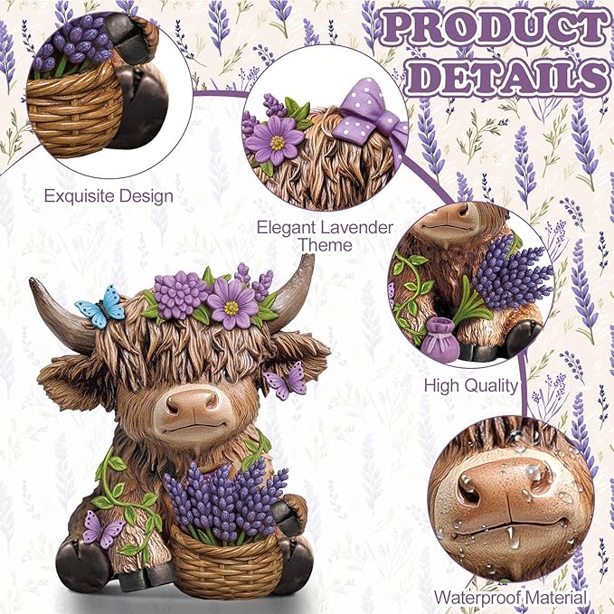 Wesiti 2 Pcs Mother's Day Lavender Highland Cow Figurines Gifts for Mom, Purple Scottish Gnome Resin Statue for Spring Summer Home Garden Kitchen Office Tiered Tray Decor