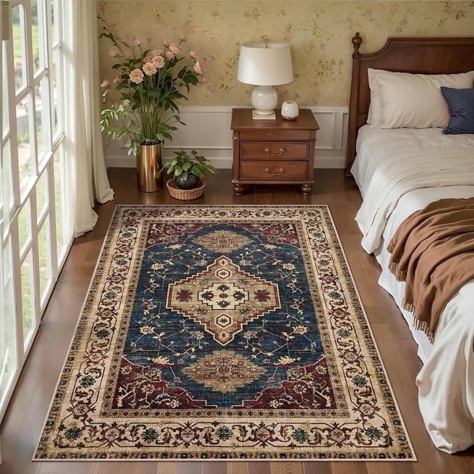 Tangsoo Oriental 3x5 Washable Rugs for Entryway, Non Slip Vintage Indoor Accent Rug Carpet, Boho Soft Low Pile Tumble Rug for Living Room Dining Bedroom Bedside Entry Home Decor Dark Blue Beige