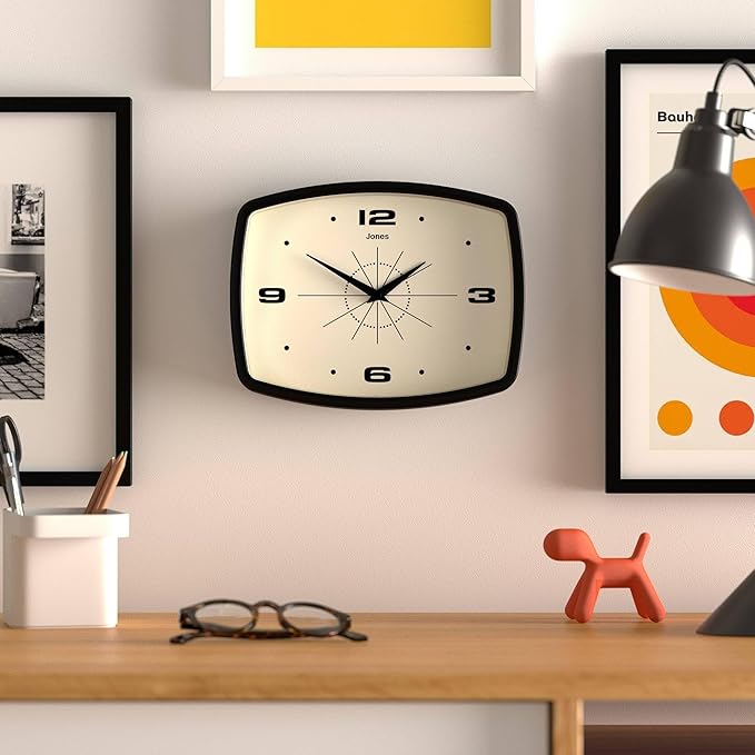 JONES CLOCKS® Movie wall Clock | Retro Rectangular Clock | 10 inch | Black | Cool mid-Century Designer Look for Kitchen, Living Room or Office
