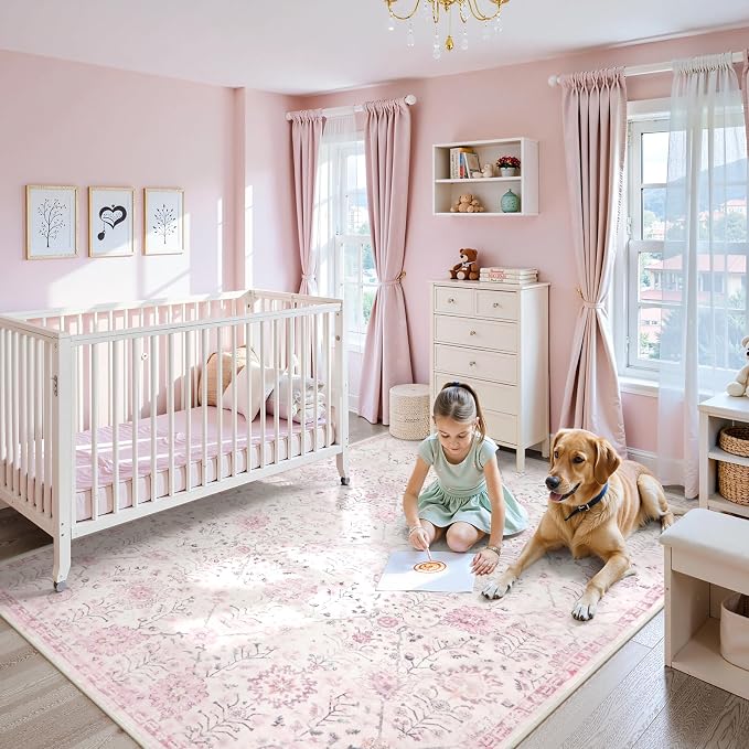 Lahome Flavie Washable Rugs 8x10, Soft Nursery Area Rug for Girls and Kids, Low Pile Boho Purple Carpet for Snug Bedroom Classroom, Spill-Proof Non Slip Floral Fresh Carpets for Living Room