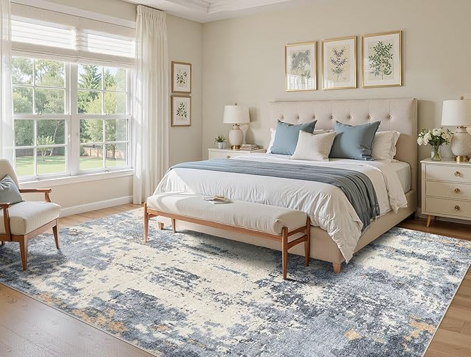 UERMEI 6x9 Area Rug Living Room Rugs - Washable Neutral Modern Abstract Soft Thin Rug Indoor Floor No Slip Rug Carpet for Bedroom Under Dining Table Home Office Decor - Blue/Light Brown