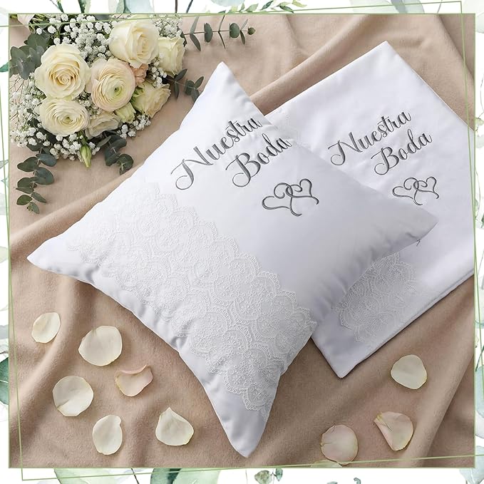 Mixweer 2pcs Wedding Embroidered Kneeling Pillows Nuestra Boda 18 x 18 Inch Embroidered Prayer Pillow Satin and Lace Kneeling White/Silver, Cojines para Boda, Decoracion (Left, Lace)