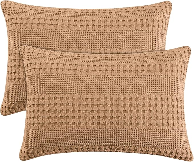 PHF 100% Cotton Waffle Pillow Shams Queen Size, 2 Pack 20" x 30" Soft Skin-Friendly Pillowcases, No Filling, Aesthetic Woven and Breathable Waffle Weave Pillow Case Covers for Bed, Clay