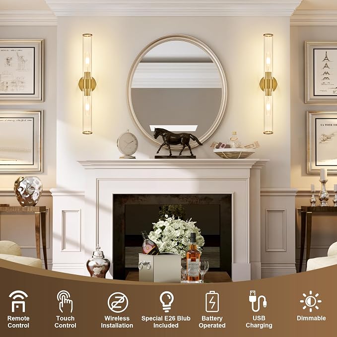 Morauroral Gold Battery Operated Wall Sconce, Rechargeable Wall Lights with Remote, 20 Inch Modern Wireless Wall Lamp for Bedroom, Living Room with White Shade (Bulbs Included)
