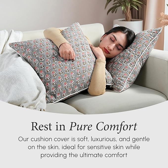 CPC 100% Cotton Throw Pillow Covers 20x20 Inch, Set of 2 Gray Block Print Pattern Couch Pillow, Cute Boho Decorative Pillows for Living Room, Bedroom with Hidden Zipper- Labra Gray
