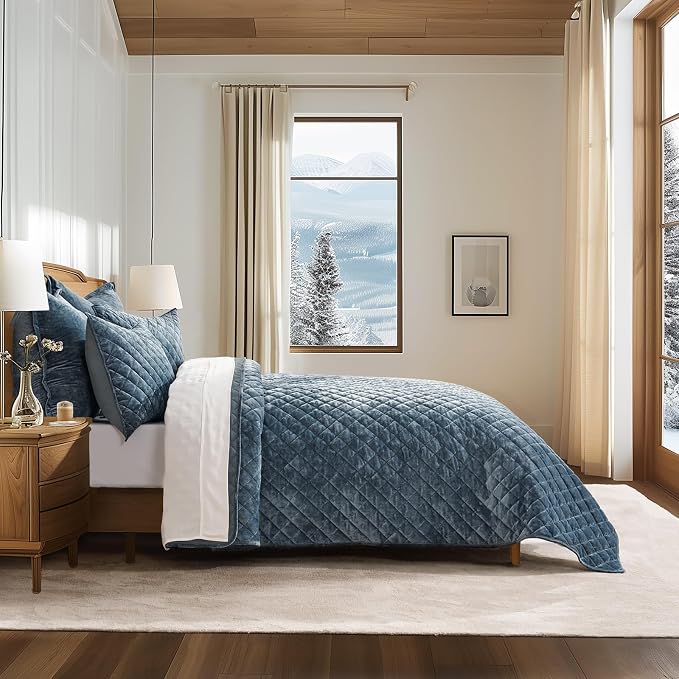 EVERGRACE Luxury Velvet Quilt Set Queen Size, Diamond Quilted Lightweight Velvet Comforter for All Season, Ultra Soft Oversized Bedspread Coverlet Bedding Set with 2 Pillow Shams, Stormy Blue | Luxe Velvet