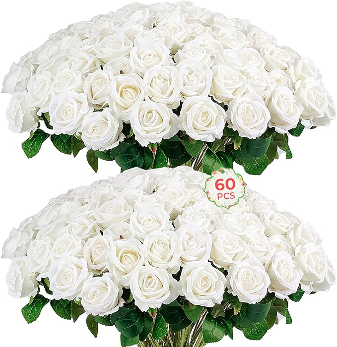 60PCS Artificial Roses Bulk, White Velvet Silk Fake Roses, Realistic White Flowers for Mother's Day, Wedding Centerpieces, Bridal Bouquets, Home Decor, Baby Shower, Valentine's Day Party Decorations