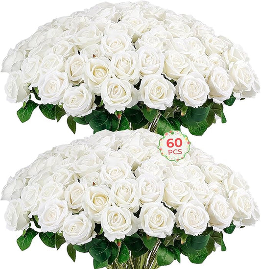 60PCS Artificial Roses Bulk, White Velvet Silk Fake Roses, Realistic White Flowers for Mother's Day, Wedding Centerpieces, Bridal Bouquets, Home Decor, Baby Shower, Valentine's Day Party Decorations