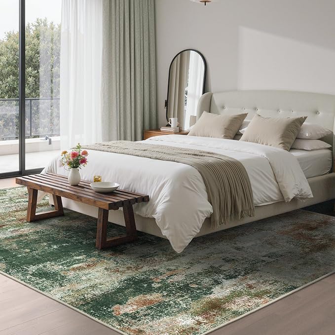 BEIMO Round Rugs 5ft for Living Room Bedroom, Modern Abstract Machine Washable Rug, Large Soft Low Pile Indoor Floor Carpet with Non Slip Backing for Dining Room, Green/Brown
