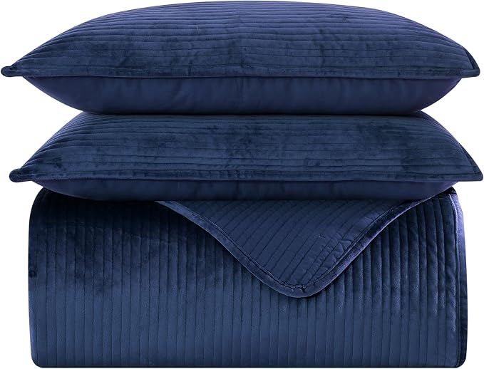 Elegant Comfort Luxury 3-Piece Velvet Corduroy Stripe Quilt Set, Ultra Soft Bedspread - Cozy Velvet Coverlet Set - 3PC Medium Weight Quilted Set with Matching Pillow Shams, King, Navy Blue