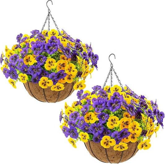 lovemoon 2 Sets Artificial Hanging Flowers with Baskets, 24 Pcs UV Resistant Faux Silk Pansies Outdoor Flower Pots for Porch Patio Garden Home Spring Summer Decor (2, Yellow,Puple)