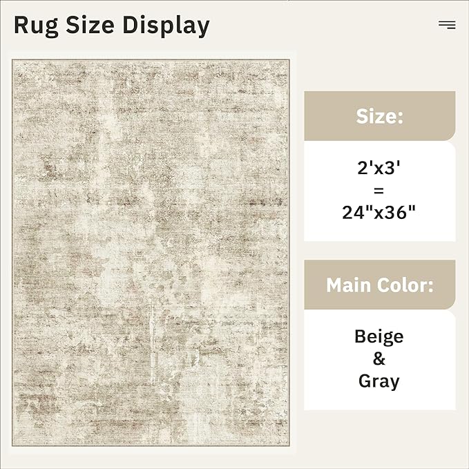 Soalmost 2x3 Washable Rugs for Kitchen, Floor, Entryway, Powder Room Small Area Rug Non-Slip Vintage Low Pile Throw Door Mat Beige/Gray