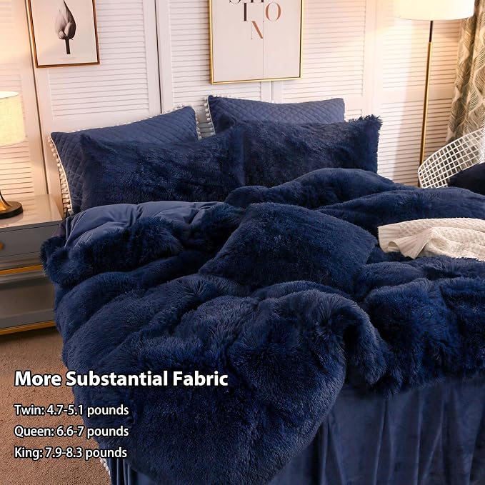 LIFEREVO Luxury Plush Shaggy Duvet Cover Set, Soft Velvet Fluffy Furry Duvet Cover Set(1 Faux Fur Fuzzy Comforter Cover + 1 Pompoms Pillow Case) Solid Bedding Set, Zipper Closure(Twin/Twin XL, Navy)