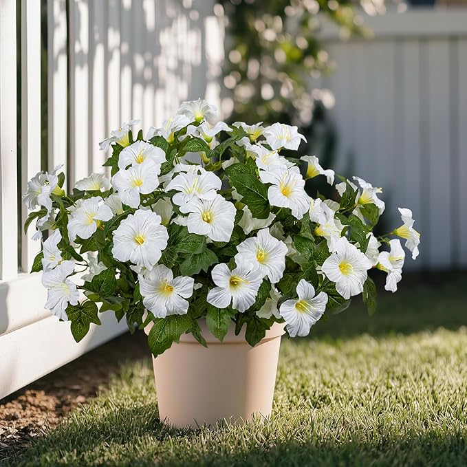 19 Inch Artificial Fake Flowers for Outdoor,4 Pcs White Faux Silk Petunias Spring Flowers for Outside for Indoor Porch Planter Front Door Garden Patio Window Box Home Decor