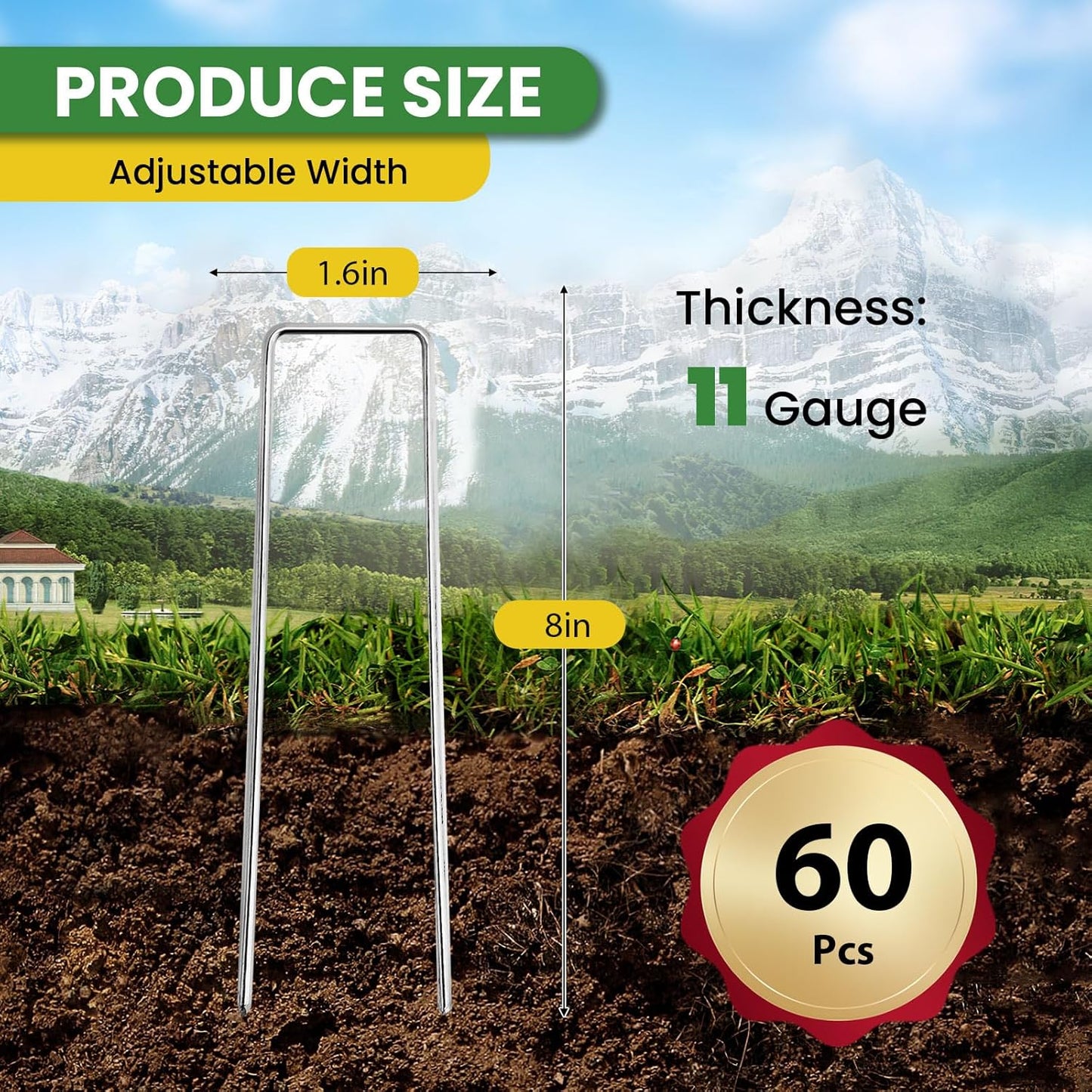 Landscape Staples Galvanized 8 Inch 60 Pcs, Metal Garden Stakes 1.6 Inch, Garden Staples for Lawn 11 Gauge