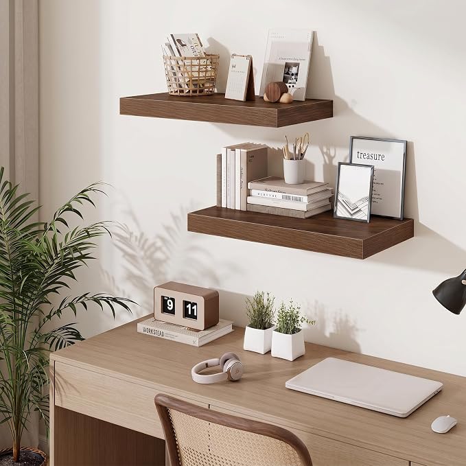 Fun Memories 24 Inch Floating Shelves Wall-Mounted, 12 Inch Deep Wall Shelves, 24 x 12 Floating Shelf, Deep Storage Shelf for Living Room Bathroom Bedroom, Walnut, Set of 2