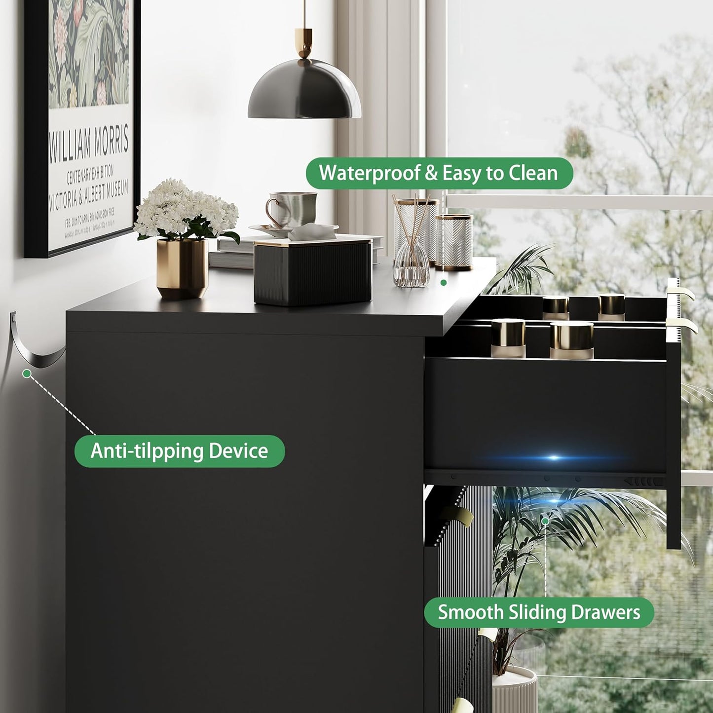 Fluted Dresser for Bedroom with 6 Drawers, 46" Tall Modern Chest of Drawers with Metal Handle, Wooden Dresser TV Stand, Wood Closet Clothes Storage Organizer for Living Room, Hallway, Black