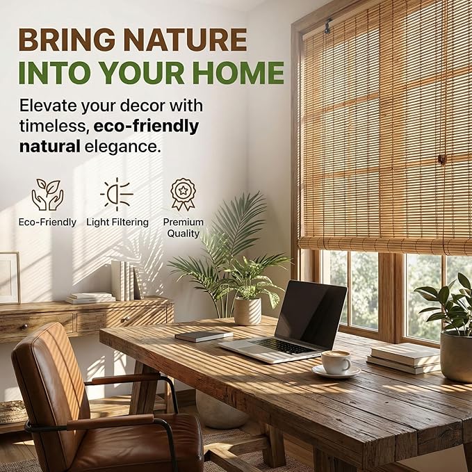 Glimer Bamboo Blinds for Interior Windows, Natural Roll Up Bamboo Shades for Indoor Windows & Outdoor Patio, Light Filtering Bamboo Window Shades for Living Room, Porch, Balcony, Easy to Install