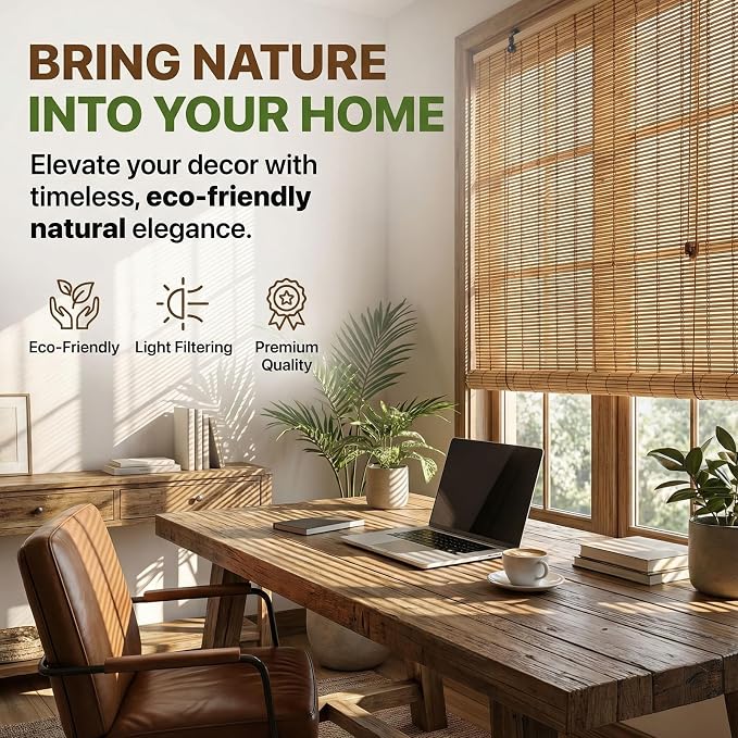 Glimer Bamboo Blinds for Interior Windows, Natural Roll Up Bamboo Shades for Indoor Windows & Outdoor Patio, Light Filtering Bamboo Window Shades for Living Room, Porch, Balcony, Easy to Install