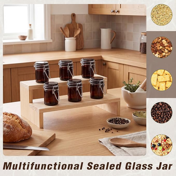 Norme 24 Pack 1.7oz Amber Airtight Mini Glass Jars with Lids, Cylinder Food Storage Container Airtight Food Wire Clip Fastening for Flour Kitchen Sugar Cereal Kitchen Canning Pickling Mason Jars