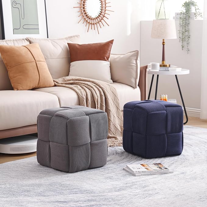 Cmishe 15" Square Woven Corduroy Ottoman Footrest - Modern Vanity Stool for Living Room & Entryway, Eco-Friendly Wood Frame, No Assembly (Blue)