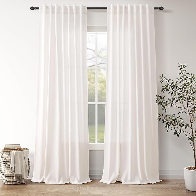 Ivory White Linen Curtains for Living Room 94 Inches Long Light Filtering Semi Sheer Curtain Back Tab Rustic Luxury Neutral Modern Farmhouse Decor Drapes for Bedroom Dinner Room 52x94, 2 Panels