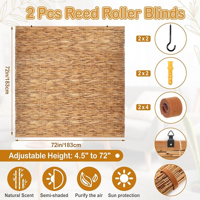 DoubleFill 2 Pcs Bamboo Shades Outdoor Reed Roll Up Blinds 72" W x 72" H Blackout Sunshade Cordless Bamboo Blinds for Home Porch, Patio & Windows Decor Shutters Sunlight Privacy Screen(Carbon Brown)