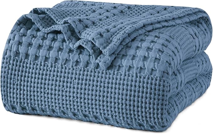 PHF 100% Cotton Waffle Blanket King Size for Bed, Lightweight Breathable and Soft for Summer, Luxury Aesthetic Waffle Weave Blanket for Home Decor & Gifts for Women, 108"x90", Denim Blue