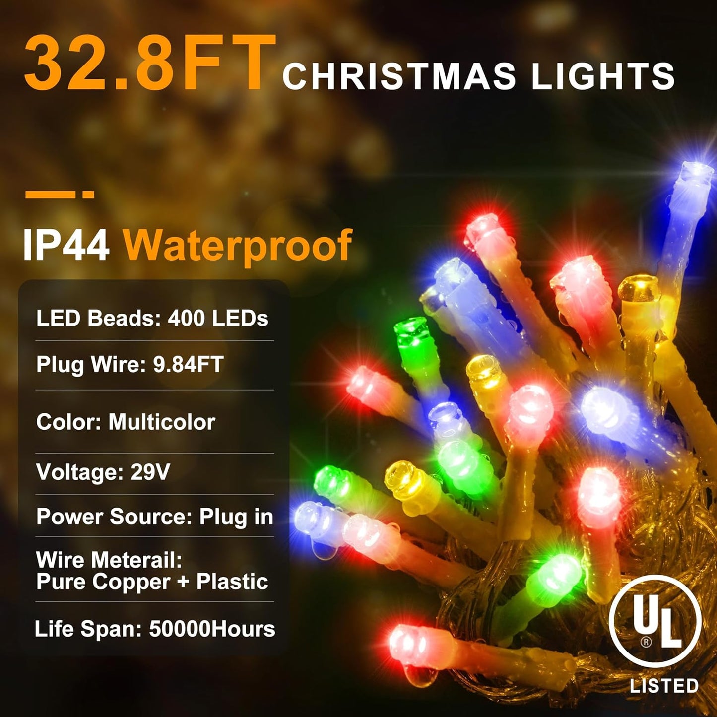 KNONEW Christmas Lights Outdoor Decorations 400 LED 33ft 8 Modes Curtain Fairy String Light with 75 Drops, Clear Wire LED String Light for Wedding Party Holiday Christmas Decorations Multicolor