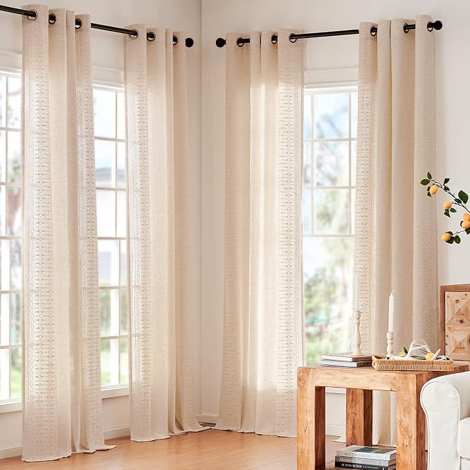 jinchan Boho Curtains for Bedroom Linen Blend Embroidered Bordered Farmhouse Curtains Living Room Drapes 63 Inch Length Bohemian Light Filtering Grommet Window Drapes 2 Panels Ivory on Beige