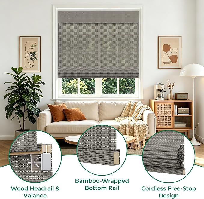 Allesin zen No Drill Cordless Bamboo Roman Shades, Light Filtering 34.5" W x 64" H, Gray