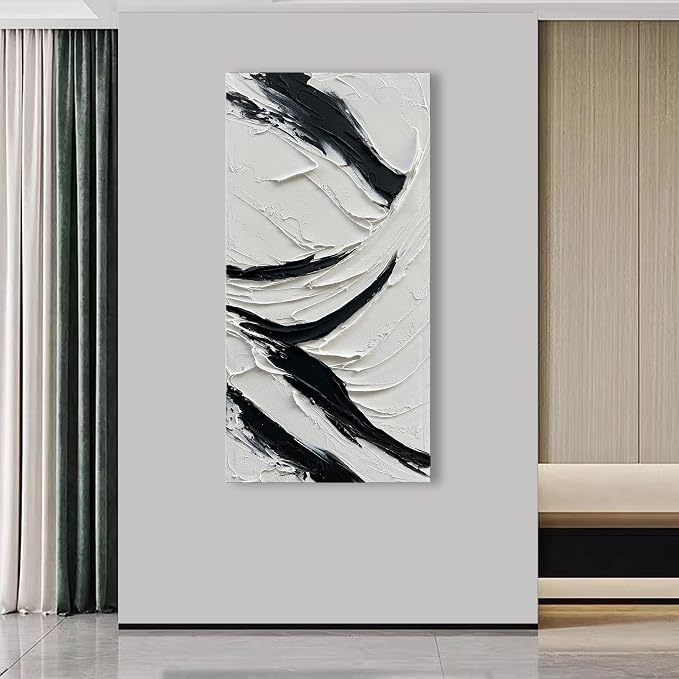 NANKAI Art Hand Painted Oil on Canvas in Black and White 48x24 inches Modern Abstract Minimalist Oil Painting Home Wall Decorative Art