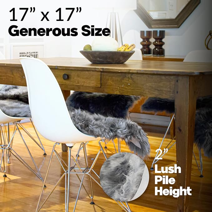 Set of 4, Natural Sheepskin Chairpad with Non-Slip Backing | 100% Real New Zealand Wool Sheepskin for Car Seat, Accent Chair, or Vanity Chair, Grey