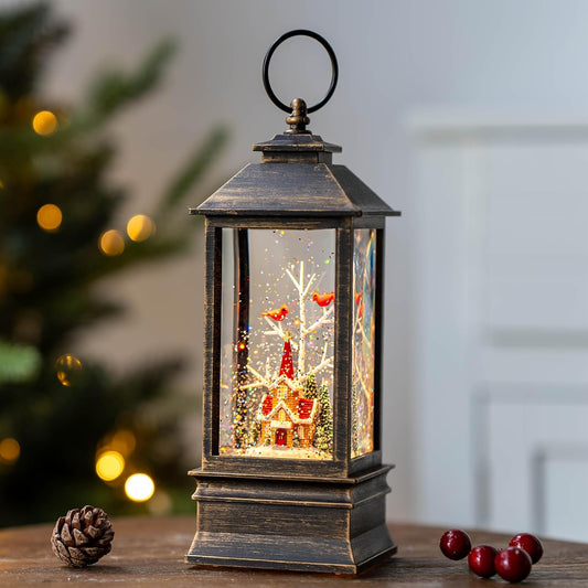 Christmas Snow Globe Lantern Water Glittering Cardinal & Church with Music & Timer, USB Lined/Battery Operated Lighted Lantern for Christmas Festival Decoration Gifts