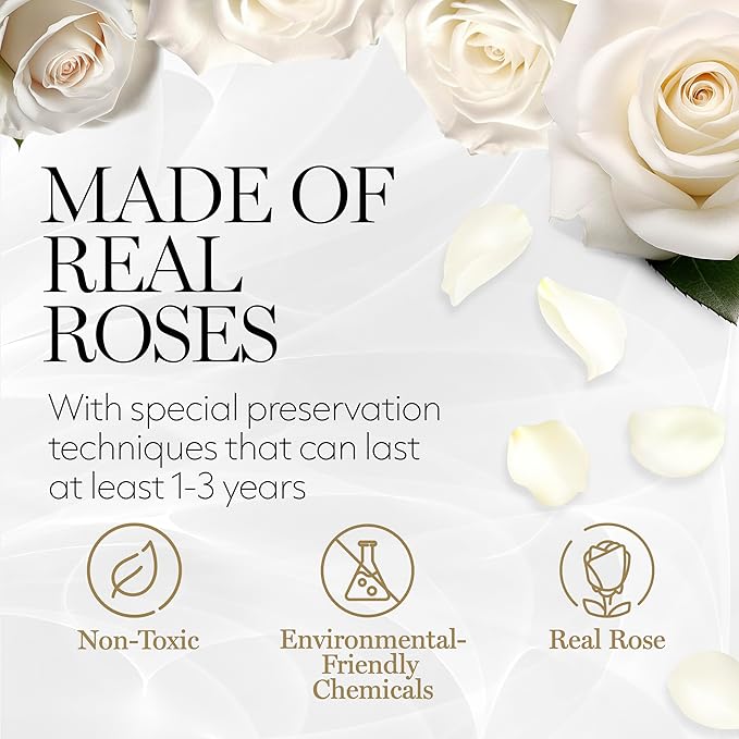 GLAMOUR BOUTIQUE 7 Flower Forever Heart Shape Box, Eternal Preserved Roses Gift for Her, Lasting Flowers, Petite Floral Heart Box for Birthday, Anniversary or Valentine’s Day, White (Color-Treated)