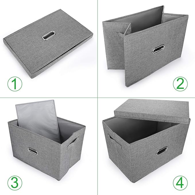 Large Linen Fabric Foldable Storage Bins with Removable Lid and Handles, Washable Storage Box Organizer Containers Baskets Cube with Cover for Bedroom,Office(Black, Medium(2-Pack))