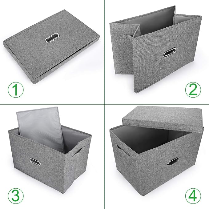 Large Linen Collapsible Storage Bins with Removable Lids and Handles, Washable Storage Box Containers Baskets Cube with Cover for Bedroom,Closet,Office,Living Room,Nursery (Khaki, Large)