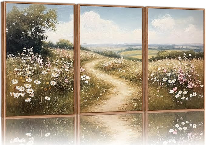 Rantodecor Rustic French Country Framed Canvas Wall Art, Vintage Flower Field Wall Decor, Calming Nature Landscape Art Paintings, Modern Wildflower Artwork for Farmhouse Bedroom Living Room 16"x24"x3