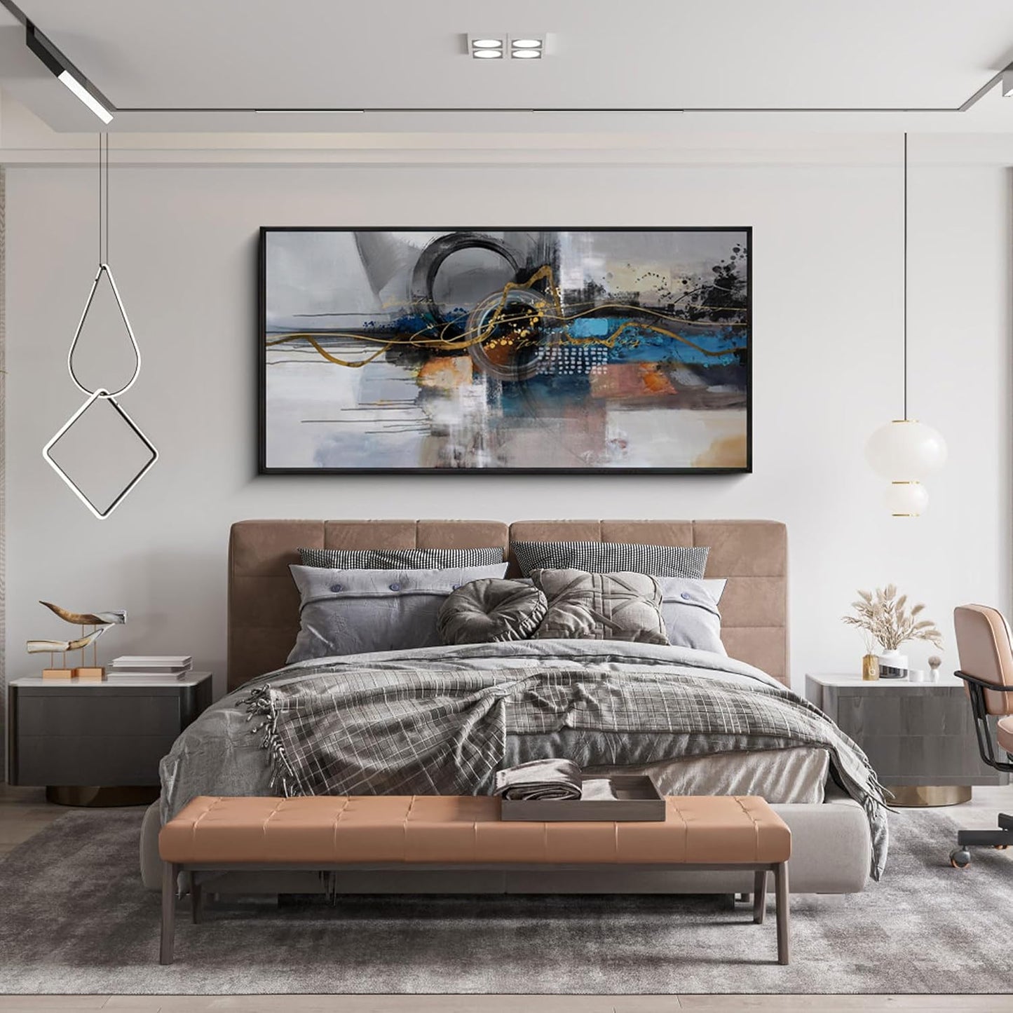 XLSJERST Large Abstract Frame Wall Art - Black and Blue Cnavas Framed Artwork for Walls Modern Minimalist Boho Gray Pictures Wall Decor for Living Room Bedroom Office Home Decoration 24x48 Inches