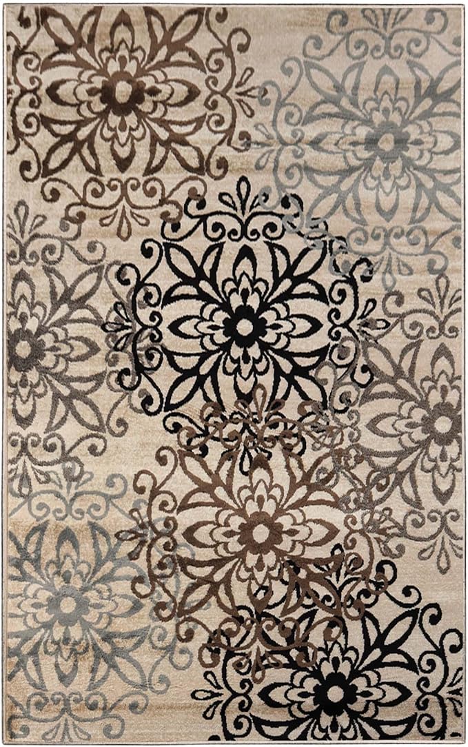 Superior Indoor Area Rug, Jute Backed, Perfect for Entryway, Office, Living/Dining Room, Bedroom, Kitchen, Hardwood Floor, Floral Scroll Decor, Leigh Collection, 3' x 5', Beige