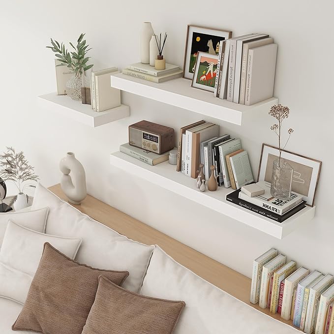 FLYJOE Deep Floating Shelves | 24 Inch White Floating Shelves Set of 2 | 12 Inch Deep Rustic Wood Shelves for Wall | 24" W x 12" D White Shelves for Living Room Bathroom Laundry Room Kitchen