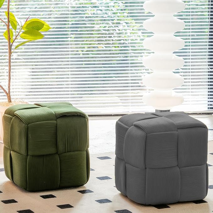Cmishe 15" Square Woven Corduroy Ottoman Footrest - Modern Vanity Stool for Living Room & Entryway, Eco-Friendly Wood Frame, No Assembly (Grey)