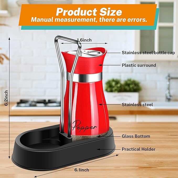 Red Salt and Pepper Shakers Set with Holder,4 oz Cute Christmas ktichen Decor and Accessories Theme Set Home Essentials Housewarming Gifts Refillable Design (Red)